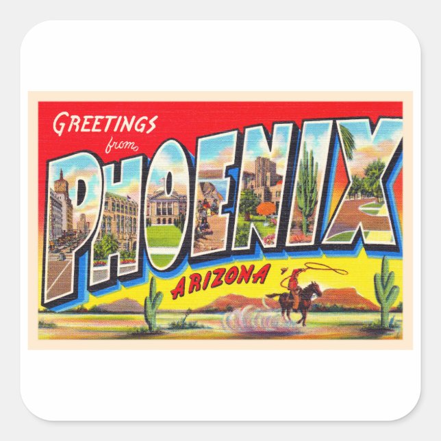Phoenix Arizona AZ Vintager Großbuchstabe Postkart Quadratischer Aufkleber (Vorderseite)