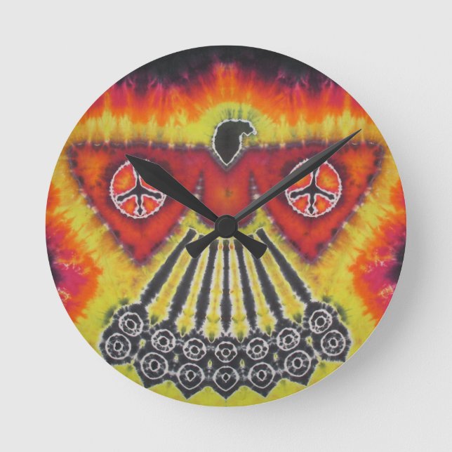 Phoenix Bird Peace Signs Gefärbte Krawatte Runde Wanduhr (Vorderseite)