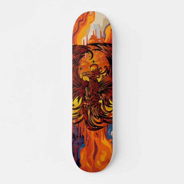 Phoenix Rising Feuerkunst mit lodernder Flammenmal Skateboard (Vorne)
