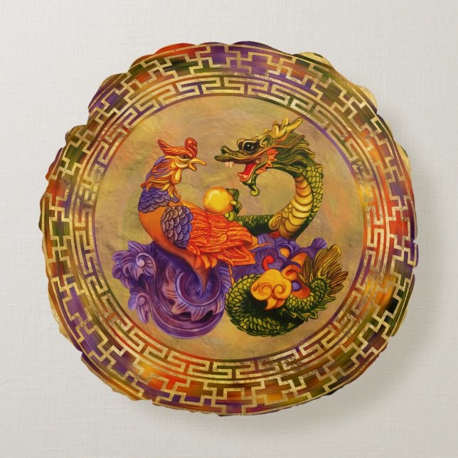 Phoenix und Dragon - Farbe und Gold Rundes Kissen (Vorderseite)