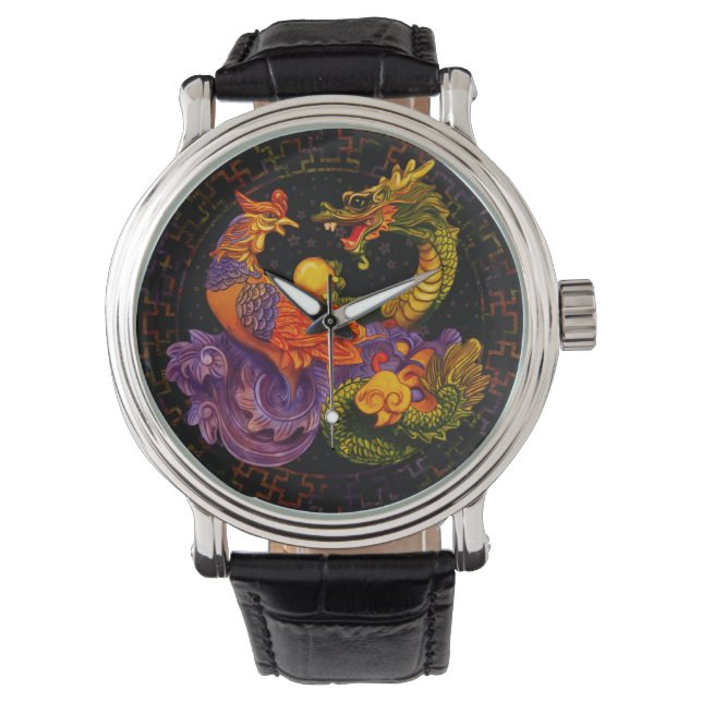 Phoenix und Dragon in Farbe Armbanduhr (Vorderseite)