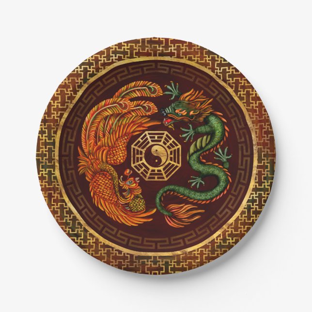 Phoenix und Dragon mit Bagua #1 Pappteller (Vorderseite)