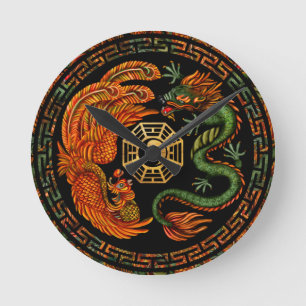 Phoenix und Dragon mit Bagua #2 Runde Wanduhr