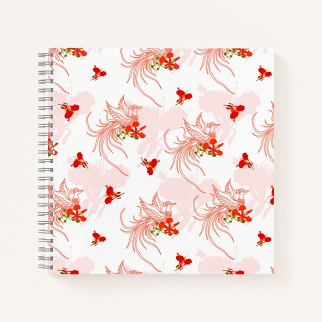 Phoenixvogel und Phoenix-Blume Nahtloses Muster Notizbuch (Vorderseite)