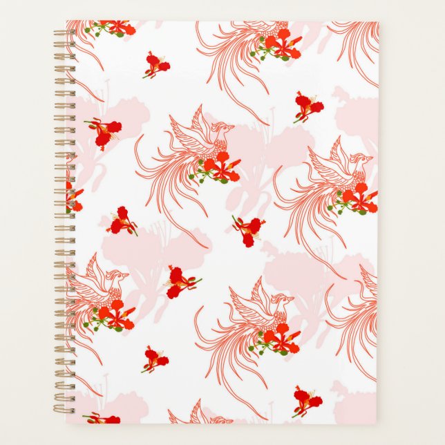Phoenixvogel und Phoenix-Blume Nahtloses Muster Planer (Vorderseite)