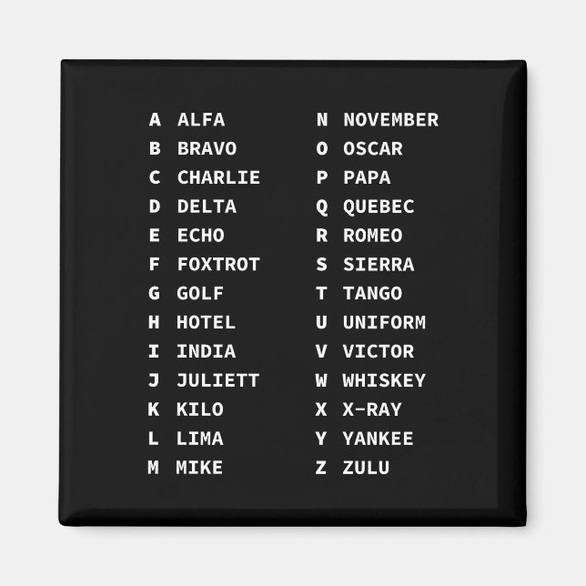 Phonetischer Alphabet Code Diagramm Klassisch Schw Magnet (Vorne)