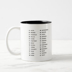 Phonetisches Alphabet für das Militär ALFA-ZULU Zweifarbige Tasse