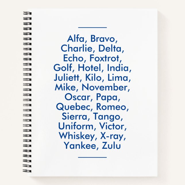 Phonetisches Alphabet "NATO", Alfa bis Zulu Notizbuch (Vorderseite)