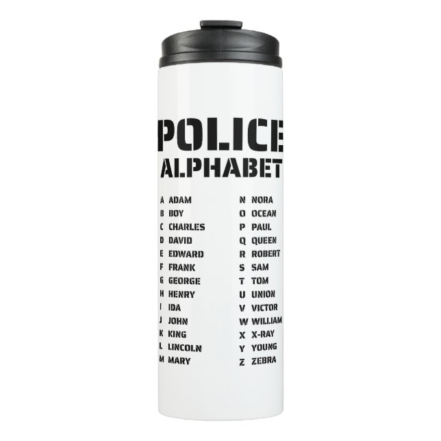 Phonetisches Alphabet Polizei Thermosbecher (Vorderseite)