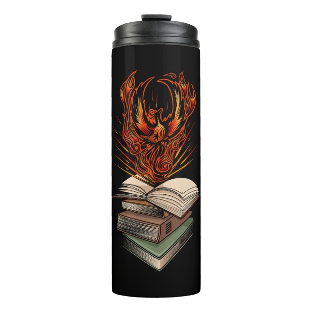 Phönix aus den Flammen der Bücher Fantasy Thermosbecher (Vorderseite)