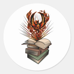 Phönix steigt über Buchflammen Fantasy auf Runder Aufkleber
