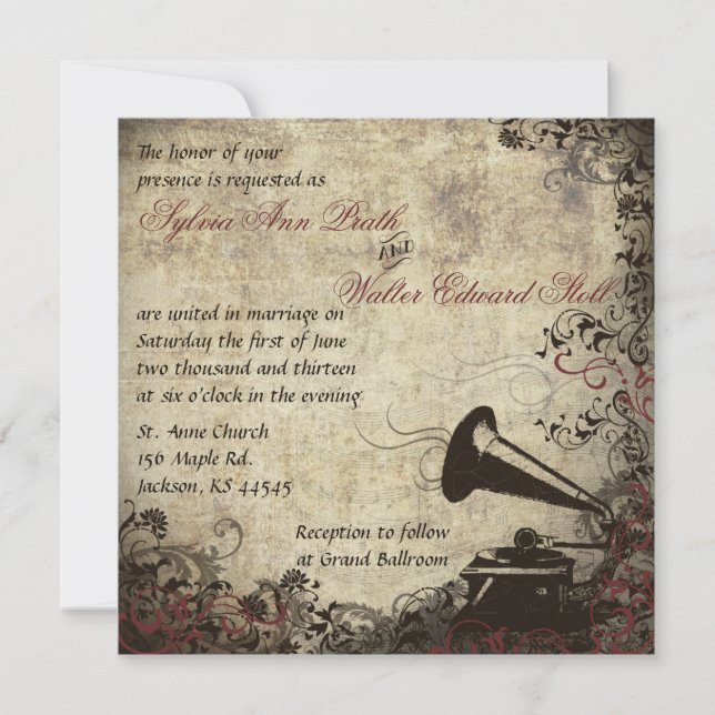 Phonograph Vintage Wedding Einladung (Vorderseite)