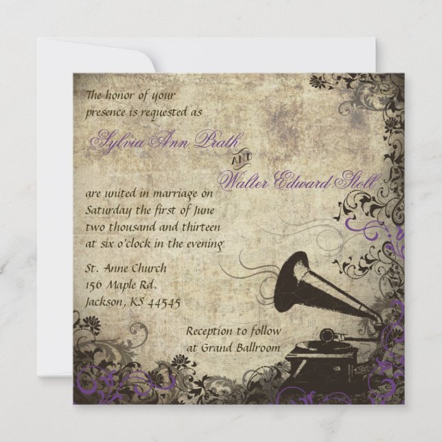 Phonographe Vintage Mariage Invitation Violet (Devant)