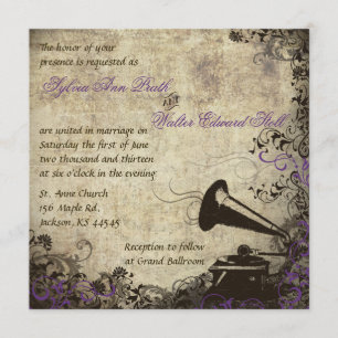 Phonographe Vintage Mariage Invitation Violet