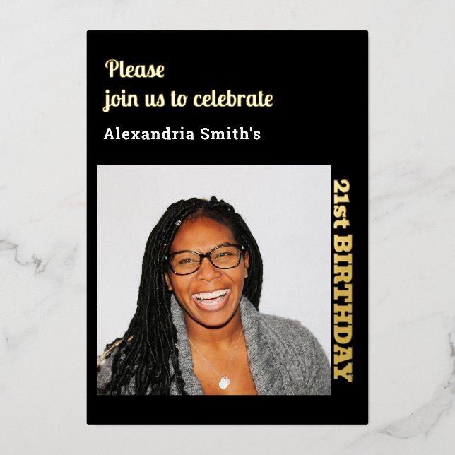 Photo 21e anniversaire Black Gold Foil Invitation (Recto)