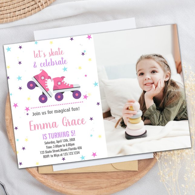 Photo 5th Patinage rose violet Invitations d'anniv (Photo 5th Pink Purple Skating Birthday Invitations)