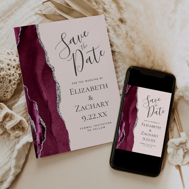 Photo Agate Burgundy Silver Blush Save the Date Einladung (Von Creator hochgeladen)