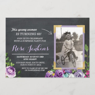 Photo Anniversaire Floral Rustic Chalk Invitations