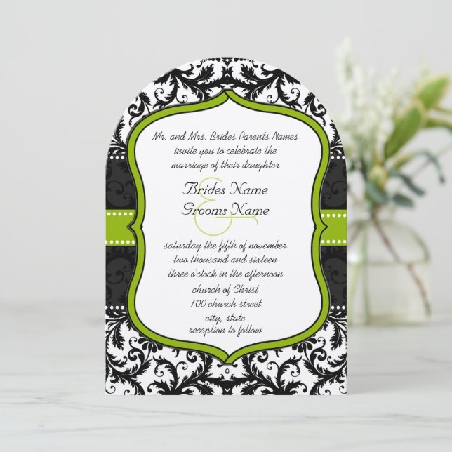 Photo Apple Green Black Vintage Damask Wedding Einladung (Stehend Vorderseite)