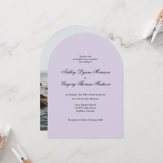 Photo Arch Shaped Lavender Wedding Invitation Einladung (Vorderseite/Rückseite Beispiel)