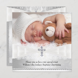 Photo Baptême White & Silver Cross Invitation