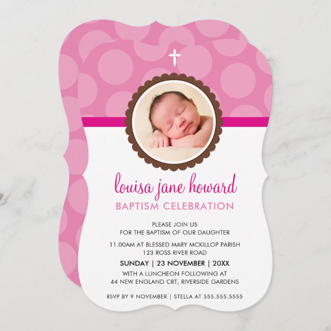 PHOTO BAPTISM INVITATION mignon pois motif rose (Devant / Derrière)