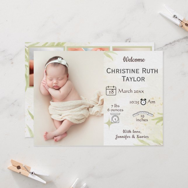 Photo bébé et carte faire-part de naissance feuill (Devant/Arrière en situation)