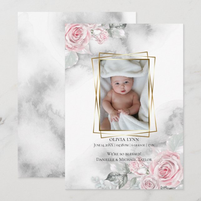 Photo bébé Faire-part de naissance rose floral (Devant / Derrière)
