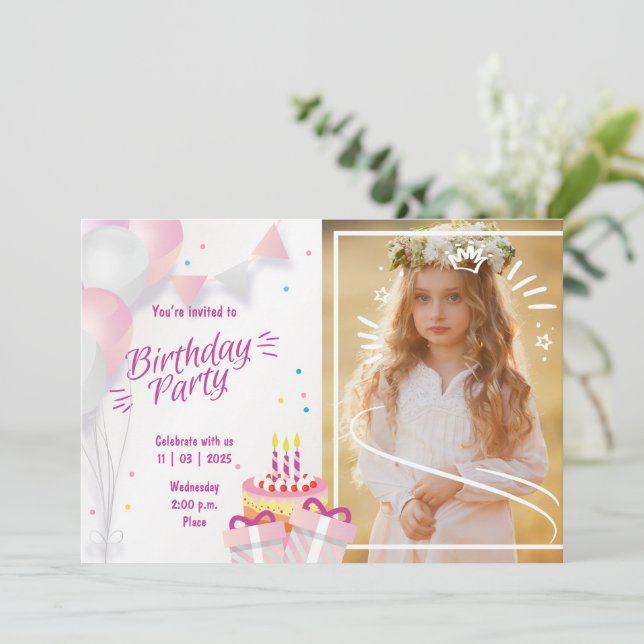 Photo Birthday Invitation with Balloons & Cake Einladung (Stehend Vorderseite)