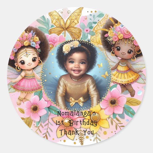 Photo Birthday Little Black Fairy African Pink Runder Aufkleber (Vorderseite)