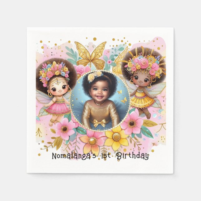 Photo Birthday Little Black Fairy African Pink Serviette (Vorderseite)