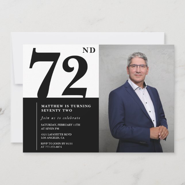 Photo Black and White 72nd Birthday Invitation (Devant)