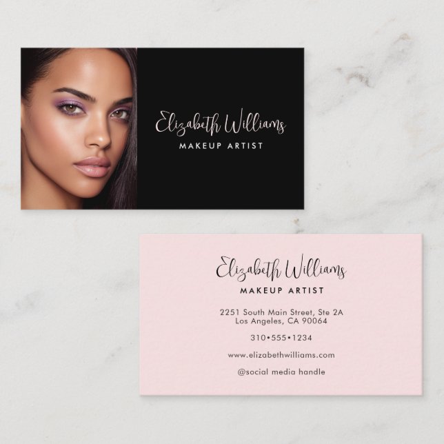 Photo Black Blush Pink Photo Script Makeup Artist Visitenkarte (Vorne/Hinten)