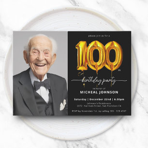 Photo Black Gold 100th Birthday Invitation
