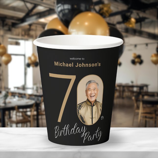 Photo Black Gold 70th Birthday  Pappbecher (Photo Black Gold 70th Birthday Paper Cups)