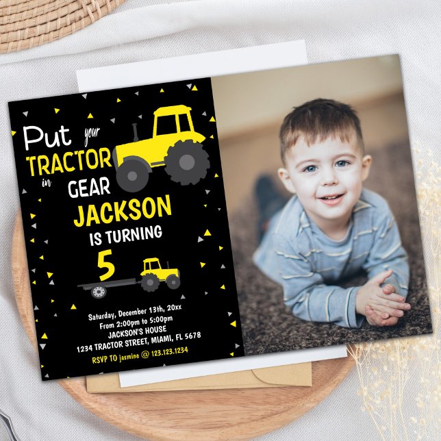 Photo Black Jaune Tracteur Invitations Anniversair (Photo Black Yellow Tractor Birthday Invitations)
