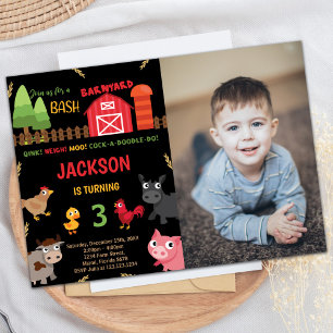 Photo Black Red Farm Animaux Invitations Anniversa