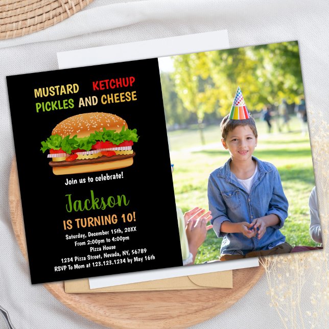 Photo Black Red Green Burger Invitations Anniversa (Photo Black Red Green Burger Birthday Invitations)