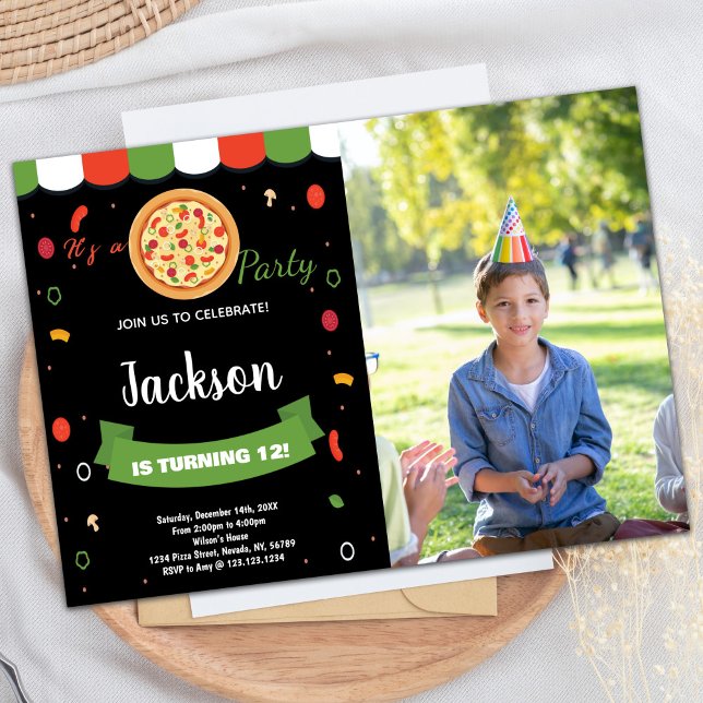 Photo Black Red Pizza Invitations Anniversaire (Photo Black Red Pizza Birthday Invitations)