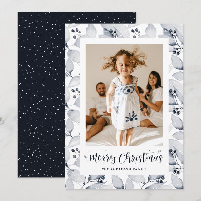 Photo Bleue Botanique Joyeuse Carte de Noël (Devant / Derrière)