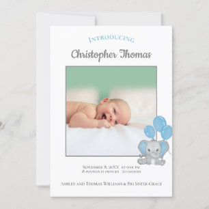 Photo Blue Elephant Baby Boy Faire-part de naissan