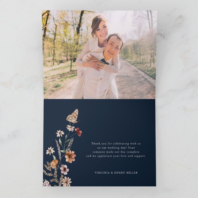 Photo Blue Floral Boho Mariage Carte de remercieme (Folding Photo Navy Blue Floral Boho Wedding Thank You Card by Painted Paperie
)