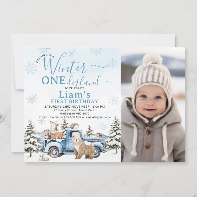 Photo Blue Truck Winter Onederland 1st Birthday Einladung (Vorderseite)