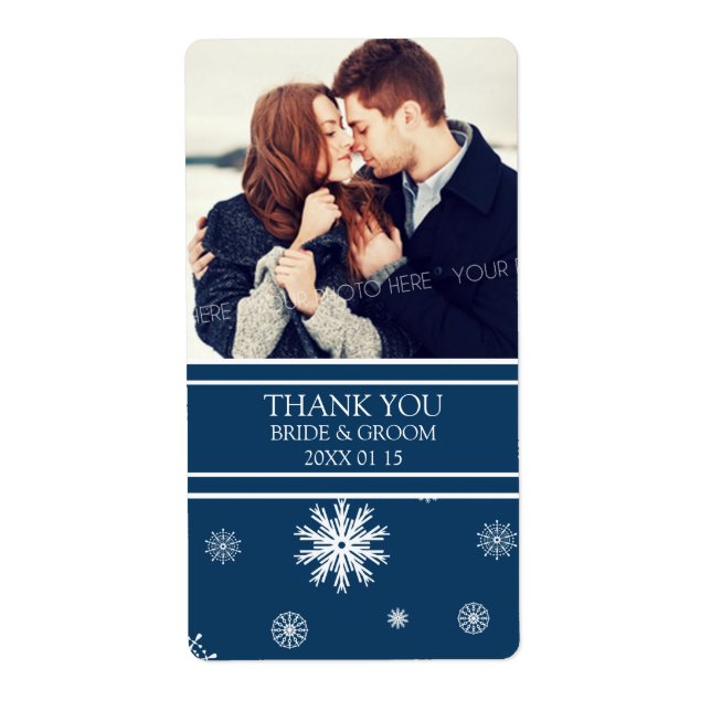Photo Blue White Snowflakes Étiquette de mariage h (Devant)
