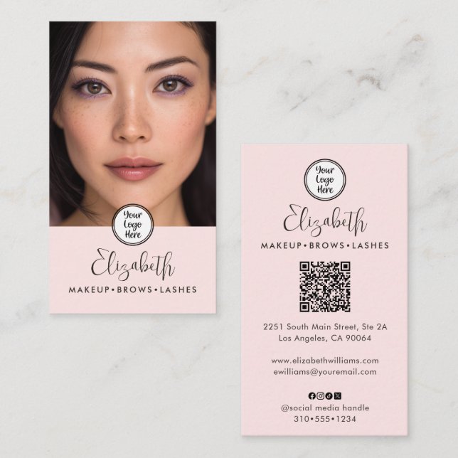 Photo Blush Pink Script Black Logo QR Code Makeup Visitenkarte (Vorne/Hinten)