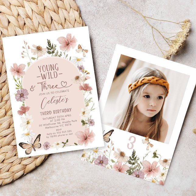 Photo Blush Wildflower Young Wild Three Birthday  Einladung (Young, Wild and Three Birthday Invitation Wildflowers. Wildflowers 3rd Birthday Invitation Photo)