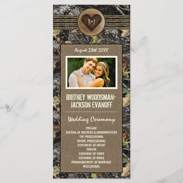 Photo Burlap + Carved Heart Camo Wedding Programme (Devant)