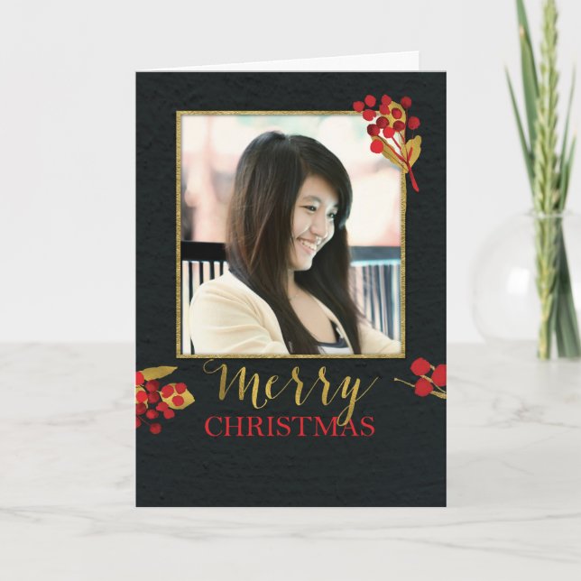 Photo Carte de Noël personnalisable, Noir avec Or (Devant)