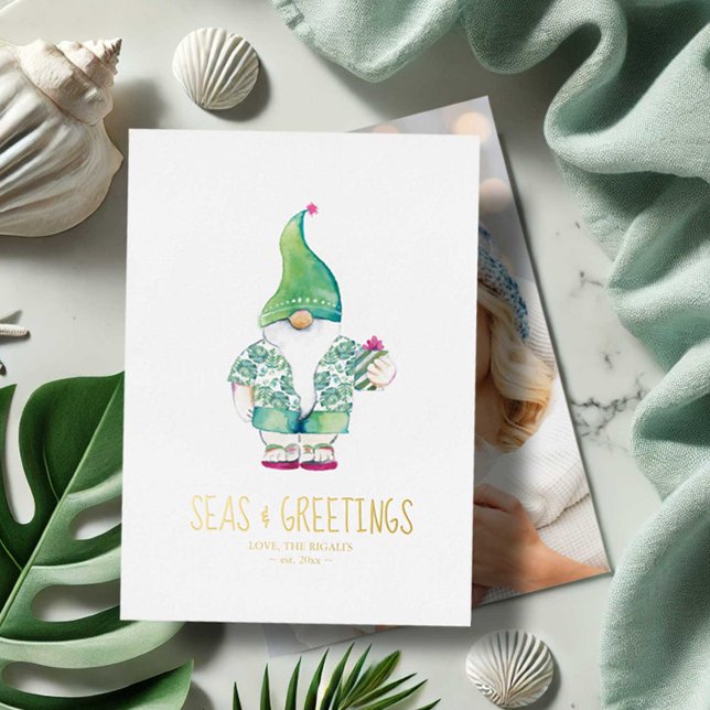 Photo Carte de vacances Noël dans le sable (Tropical Christmas cards with photo. Watercolor art by Victoria Grigaliunas Do Tell A Belle)
