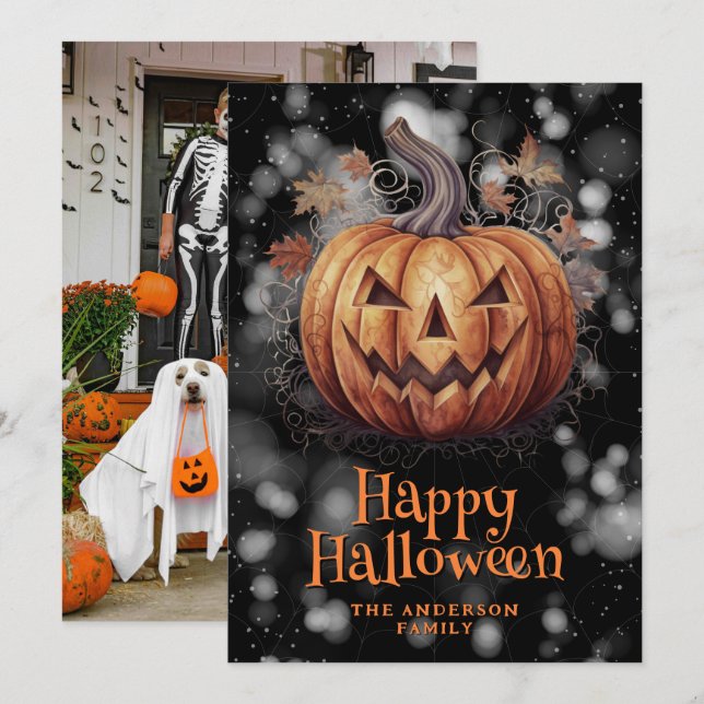Photo Carte Halloween Éffrayant Citrouille Happy (Devant / Derrière)